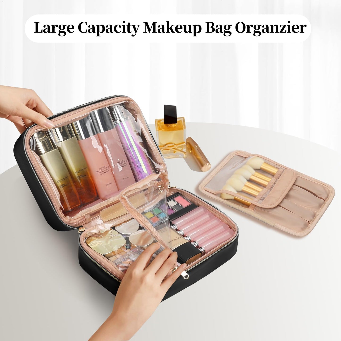 OCHEAL Makeup Bag, Makeup Travel Bag Large Capacity Cosmetic Organizer Bag with Makeup Brush Compartment & Handle for Women Girls Travel Toiletry Accessories-Black