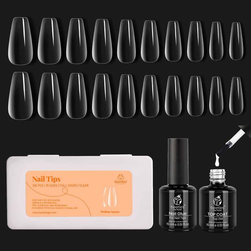beetles Gel Polish 2 in 1 Nail Glue Base Gel and No Wipe Top Coat Kit,and Medium Coffin False Nails Tips 500Pcs