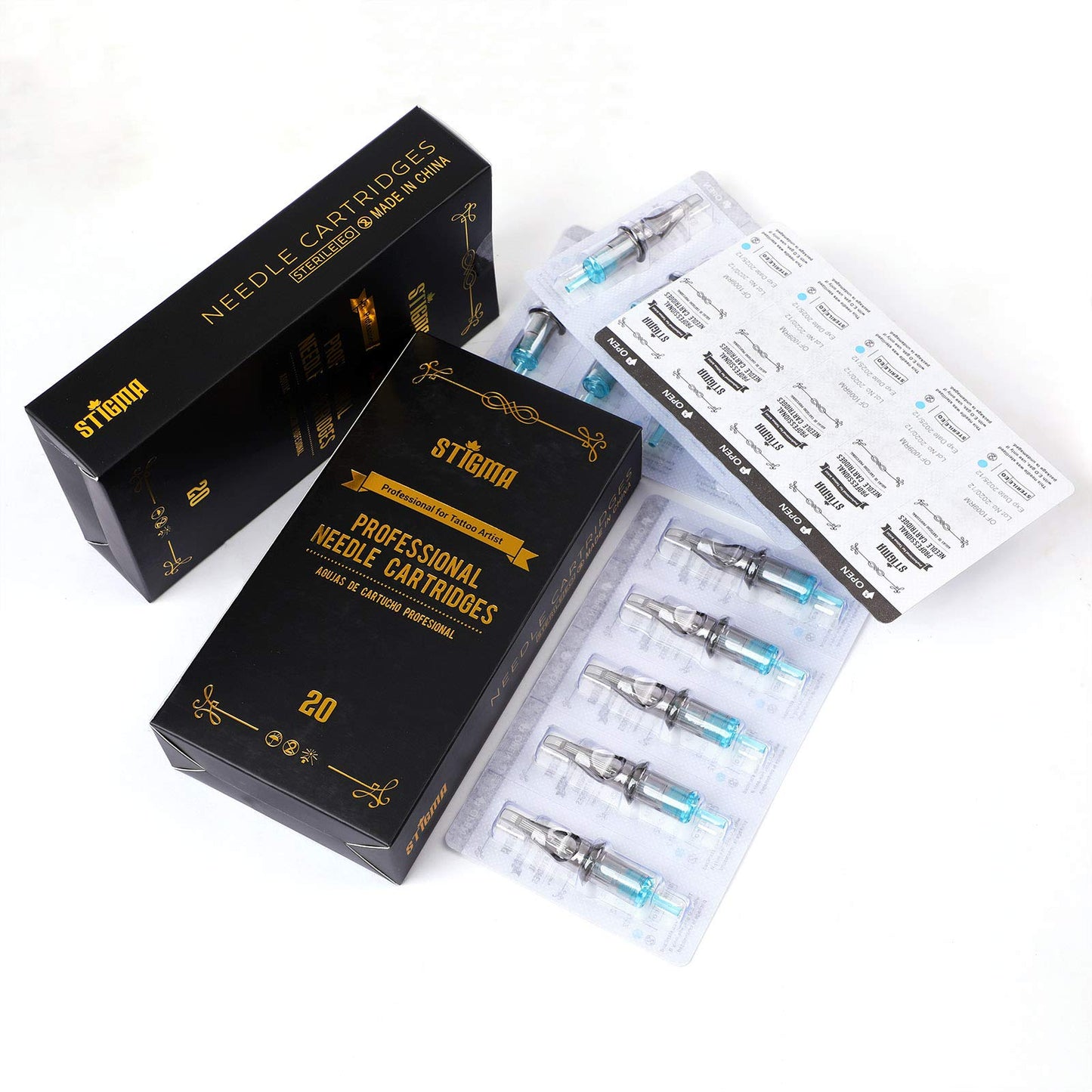 STIGMA Aquamarine Knight Tattoo Cartridges #12(7RS) 20Pcs Round Shader 0.35mm Standard M-Taper Disposable Tattoo Needle Cartridges with Membrane EN02B-20-1207RS