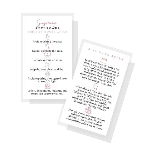 Sugaring Hair Removal Aftercare Cards | 50 Pack | 2x3.5” in Business Card | Sugaring Hair Removal Supplies | Waxing Supplies | White Card Design