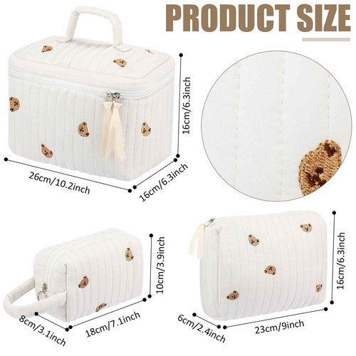 Paterr 3 Pieces Cotton Quilted Makeup Bag Set Coquette Cosmetic Bag Aesthetic Travel Toiletry pouch Cute Pouch Kawaii Aesthetic for Women(White,Little Bear)