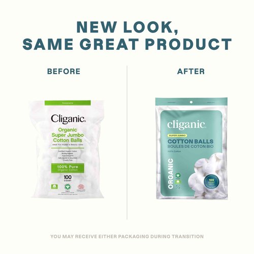 Cliganic Organic Super Jumbo Cotton Balls (200 Count) - Hypoallergenic, Absorbent, Large Size, 100% Pure (Packaging May Vary) (Pack of 2)
