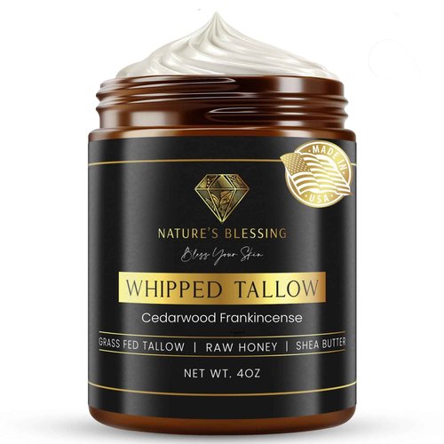 Nature's Blessing Anti-Aging Beef Tallow Cream for Fine Lines & Wrinkles | Collagen Booster Infused w/Organic Honey & Shea Butter | Deep Hydration for Youthful Glow (4oz, Cedarwood & Frankincense)