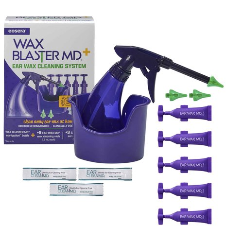 eosera® WAX BLASTER MD+ Cleaning Kit - Earwax Dissolver for Adults & Kids - Fast Acting, Doctor Recommended, Clinically Proven - Complete Irrigation Kit with 3 Ear Clean MD Packets & 5-ct Single Use Ear Wax MD Vials - Works in 15 Minutes