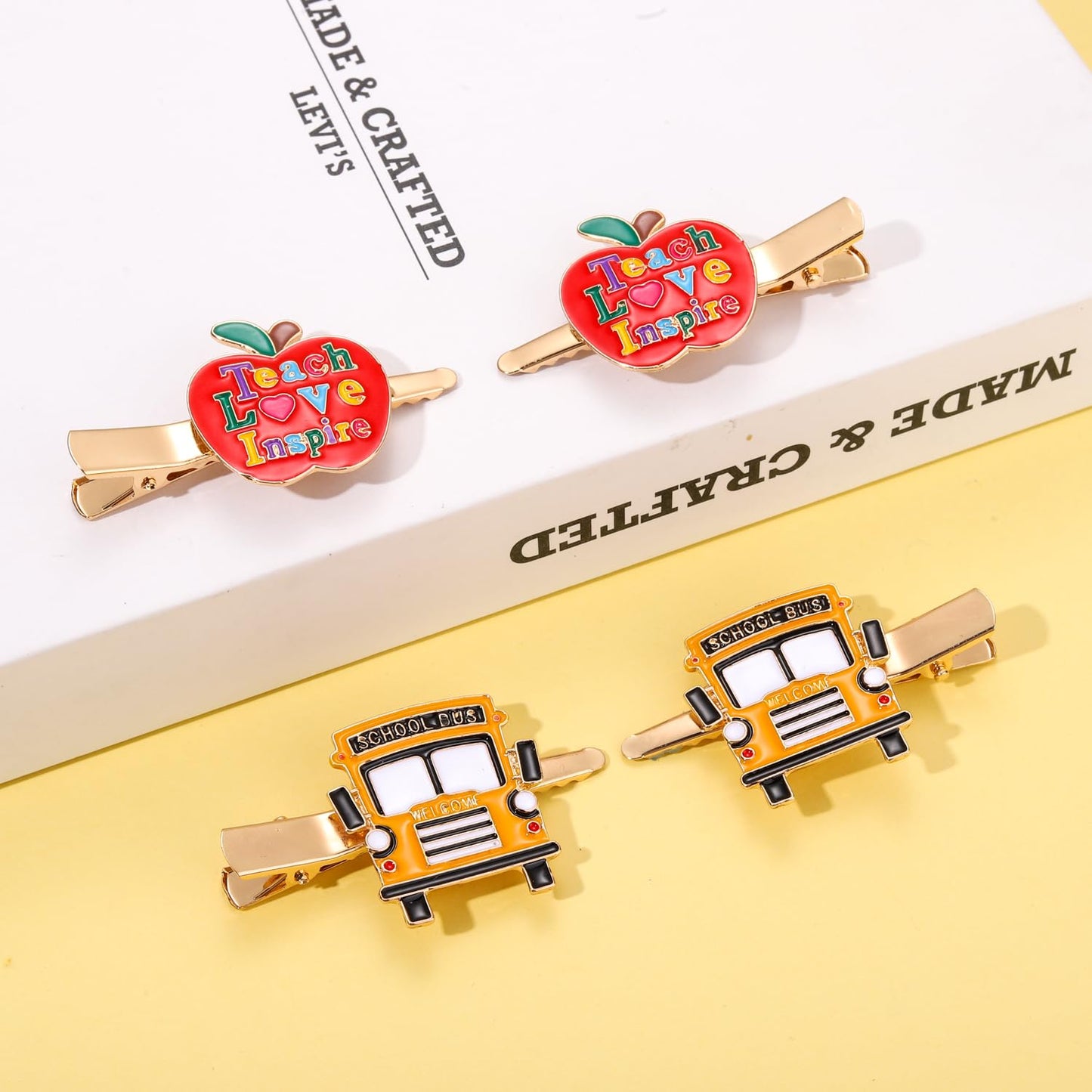 Back to School Hair Clips,Cute Schoolbag Book Hair Clips School Bus Hairpins Back-to-school Gifts Fun Hair Accessories for Teacher Students (2Pairs Ap-ple,School bus)