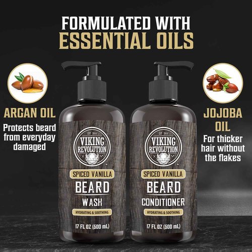 Viking Revolution Beard Wash and Beard Conditioner for Men with Argan Oil and Jojoba Oil - Beard Softener and Strengthener Beard Care Beard Shampoo and Conditioner with Beard Oil (17oz Spiced Vanilla)