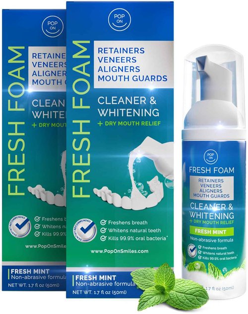 Aligner & Retainer Cleaner Foam – Dry Mouth Relief, Compatible with Invisalign, Aligners, Retainers, Mouth Guards, Night Guards, Veneers, Whitens, Freshens, 3% Hydrogen Peroxide, Mint - 50ml, 2 PC