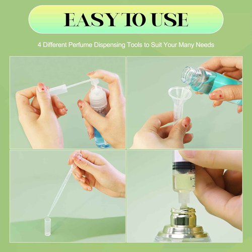Cotchen 50Pcs Mini Spray Bottle 5ml, Small Travel Perfume Bottle Refillable with 10 Tools, Clear Plastic Small Atomizer Empty, Fine Mist Perfume Sample Spray Bottle for Travel Essential Oil Perfumes