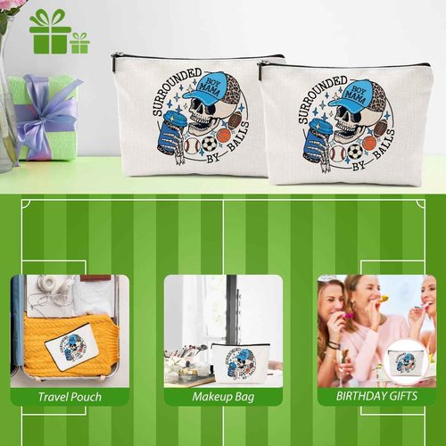 CQM 2pcs Skull Surrounded by Balls Makeup Bags, Baseball Soccer Basketball Football Cosmetic Bag, Sports, Mama, Skeleton, Travel Toiletry Bag for Women