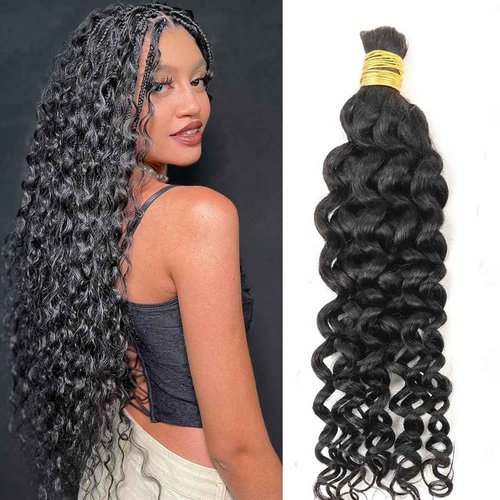 Misoun Human Braiding Hair for Boho Braids 16inch Water Wave Bulk Human Hair Extensions for Braiding Curly Loose Deep Wave Bulk 1 Bundle 100g No Weft Natural Black