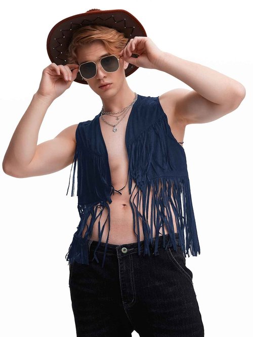 WDIRARA Men's Open Front Sleeveless Fringe Hem Party Club Jacket Vest Outerwear Navy Blue Solid S