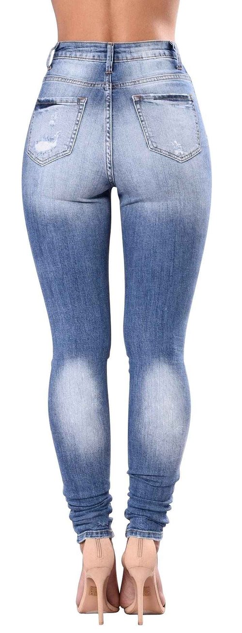 Women's High Waisted Distressed Stretch Jeans - Ripped Butt Lift Denim Pants, Light Blue, Size 2
