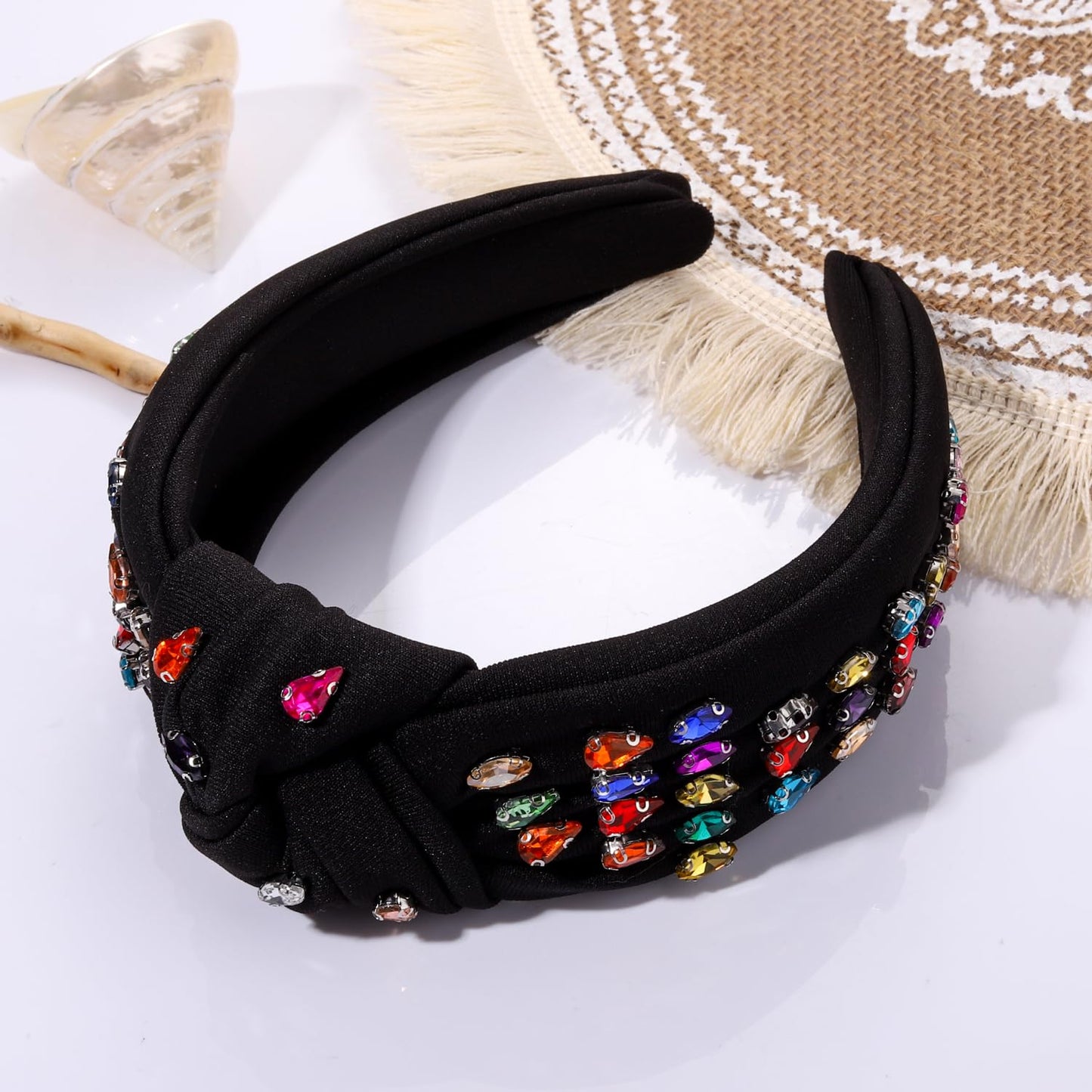 BVGA Rhinestone Knotted Headband for women Sparkly Rainbow Crystal Embelishied Wide Hairbands Twist Turband Headead (black)