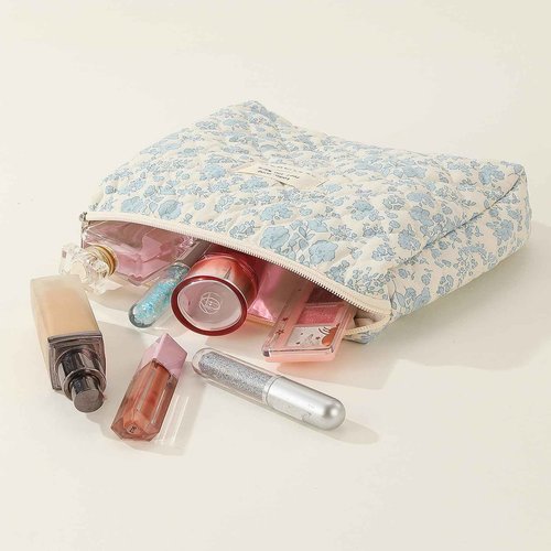 Large Quilted Makeup Bag, Floral Cotton Cosmetic Bag, Coquette Aesthetic Travel Toiletry Bags for Women Girls