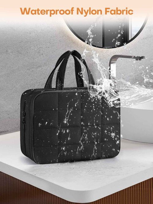 Manuqia Travel Toiletry Bag with Separate Jewelry Organizer, Water-resistant Makeup Bag with Hanging Hook, Large Capacity Travel Organizer for Toiletries, Cosmetic, Vacation Essentials - Large