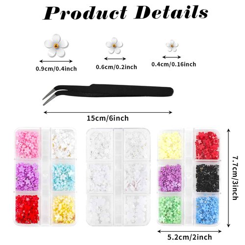 FOIMAS 3D Flower Nail Charms,3 Boxes Flower Acrylic Nail Art Rhinestones with Gold Silver Pearl Beads Tweezer for DIY Nail Art Decoration Supply