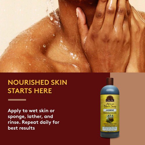 OKAY African Black Soap Liquid with Jasmine For Cleansing&Treating Skin Conditions Helps Achieve Beautiful,Healthier Looking Skin Sulfate,Silicone,Paraben Free For All Skin Types Made in USA 33oz