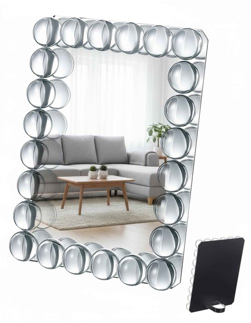 Wonderjune 9.45 x 7.09 Inch Vanity Table Mirror Bubble Crystal Framed Desk Makeup Mirror Beaded Standing Room Decor for Dressing Tabletop Living Room Bedroom Office Home