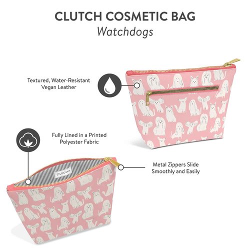 Studio Oh! Cosmetic Clutch - Makeup Organizer for Travel Size Toiletries - Metal Zippered Clutch Closes Securely - Water Resistant Vegan Leather - Watchdogs Clutch