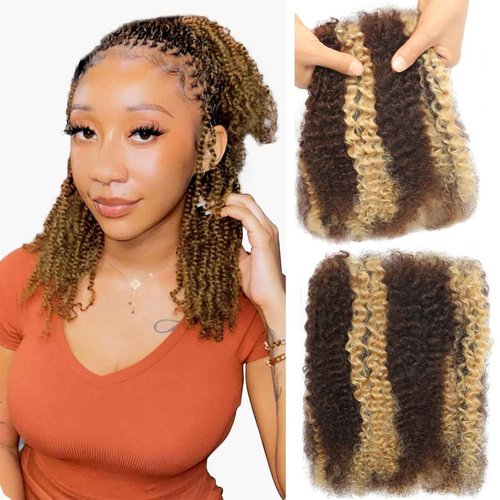 Afro Kinkys Bulk Human Hair For Braiding 427 Highlight Afro Kinky-Curly Human Hair Bulk For Mini Twist 20 Inch 30g/pack Bulk Human Braiding Hair For Micro Locs Extensions