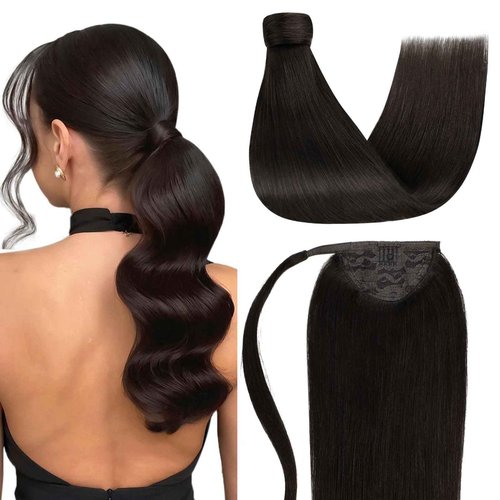 LaaVoo Ponytail Extension Human Hair Brown Ponytail Extensions for Women Darkest Brown Ponytail Hair Extension Real Human Hair Short Straight 12 Inch 70g