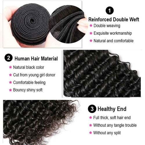 Deep Wave Human Hair Bundles 10 12 14 Inch 100% Unprocessed Brazilian Virgin Human Hair 3 Bundles for Women Wet and Wavy Hair Extensions Natural Black