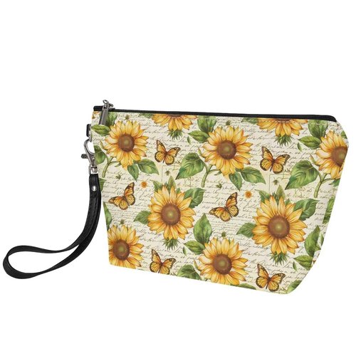 Suhoaziia Retro Sunflower Butterfly Cosmetic Bag for Women Travel Organizer Makeup Bag Zipper Purse Lightweight Toiletry Organizer Pouch Clutch Bag with Wrist Strap