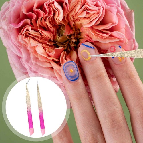 Jeffdad 2 Pcs Nail Art Tweezers with Straight & Curved Tips, Silicone Pressing Head for Nail Crafts