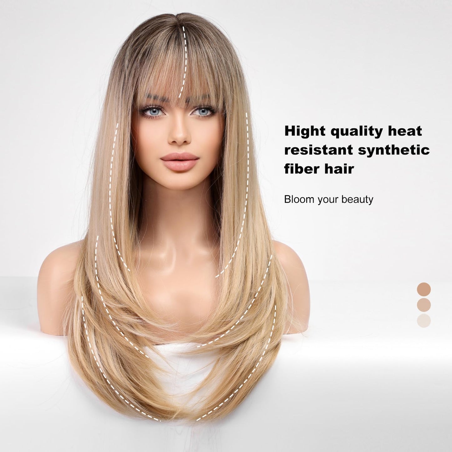 HAIRCUBE Long Blonde Wigs for Women Straight Synthetic Layered Wig with Bangs and Dark Roots