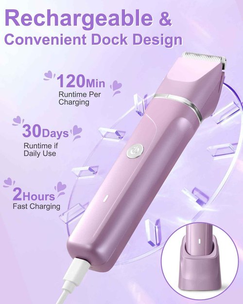 Electric Razors for Women 2 in 1 Bikini Trimmer for Women Cordless Dry/Wet Use Electric Shaver for Pubic Hair, Armpit, Facail Hair Removal, Waterproof Pearl Purple