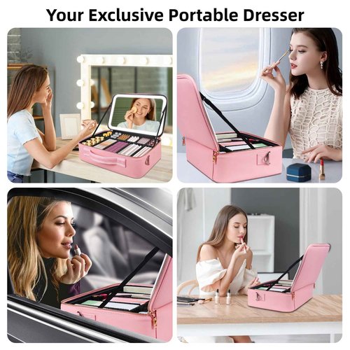 saiggnyy 15"×11" Large Pink Makeup Bag with Mirror, Personal Item Travel Bag with Makeup Mirror 3 Lights, Waterproof Train Case with Mirror and Adjustable Dividers,Professional Lighted Makeup Case