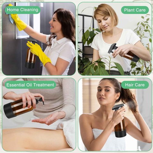 BELICOO Amber Glass Spray Bottles 3 Pack, 17 oz/500 ml Glass Spray Bottles for Cleaning, Plants, Essential Oils, Hair Care, Refillable Empty Spray Bottle with Adjustable Nozzle for Squirt and Mist