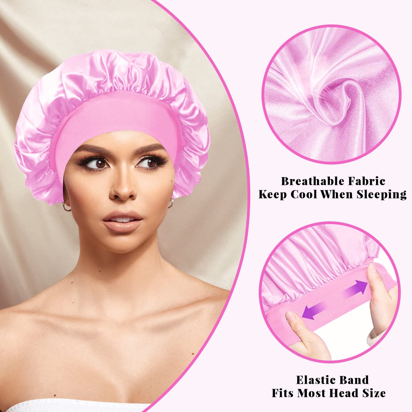 ODOCARE Breathable Silk Bonnet for Sleeping, Large Satin Hair Bonnet for Black Men and Women, Wide Band Sleep Cap for Long Hair Curly Hair(large,pink)