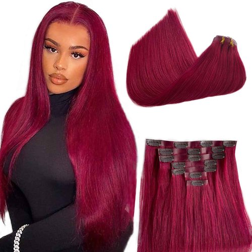 Hair Extensions Burgundy Clip in Hair Extension Real Human Hair Clip on Hair Extensions for Women 16 Inch 100G 7 Pcs