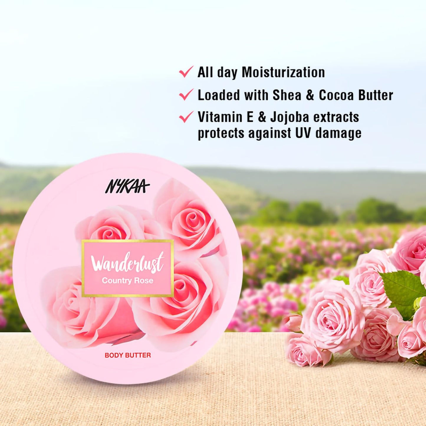 Nykaa Wanderlust Country Rose Body Butter with Shea & Cocoa Butter - Vitamin E, Deep Moisturization, Relaxing & Restorative Fragrance, Sodium & Sulphate free, Paraben Free - 200ml