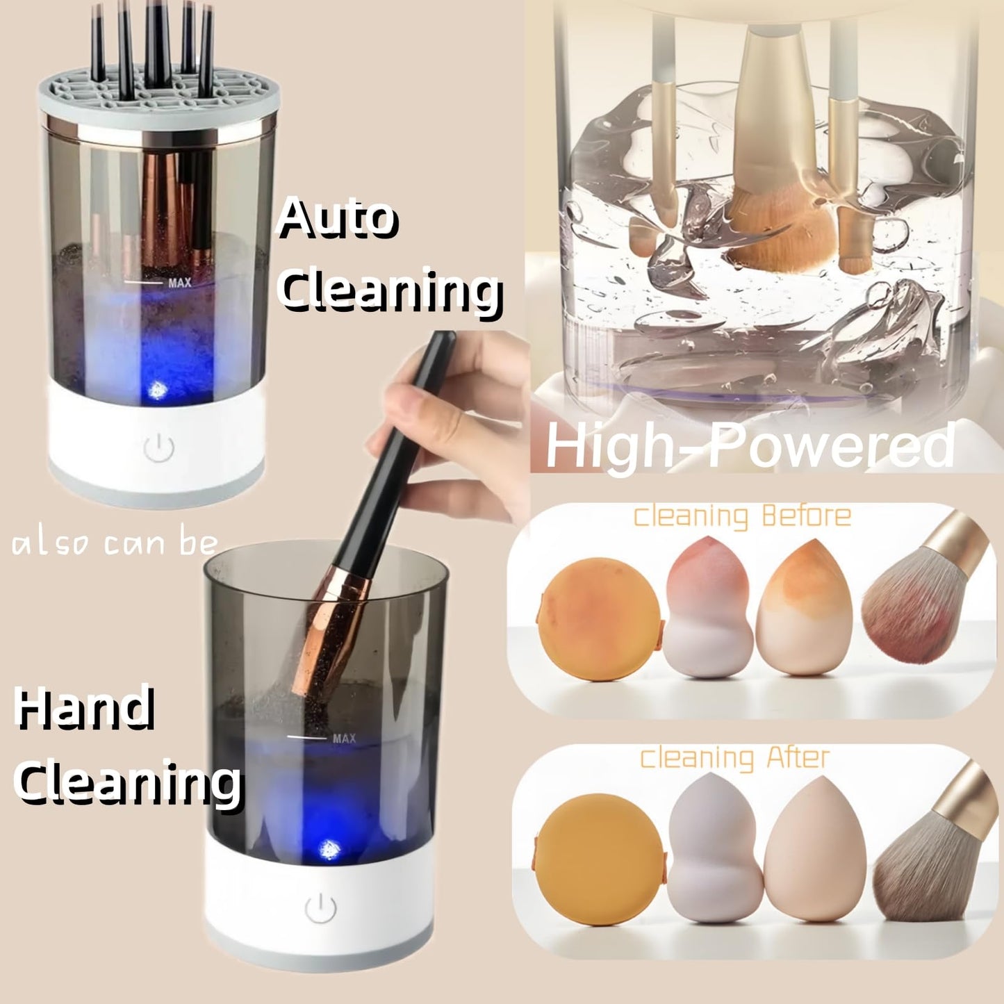 GANTTCHAGE Electric Makeup Brush Cleaner Machine,Automatic Make Up Brush Cleaner,Cosmetic Brush Cleaner Machine for All Size Beauty Makeup Brushes,Gift for Lady (White+Gray)