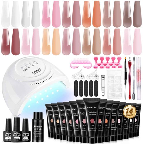JEWHITENY 14 Colors Poly Extension Gel Nail Kit With U V Lamp Nude Pink White Brown All In One Poly Gel Starter Kit With Base Top Coat Manicure Salon Frence Nail Art DIY