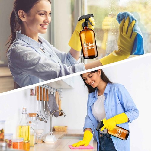 Tioncy Empty Amber Glass Spray Bottles with Labels 2 Pack Large 16oz Refillable Bottle for Essential Oils Plants Cleaning Solutions Hair Mister Adjustable Nozzle(Kitchen Cleaner and Bathroom Cleaner)
