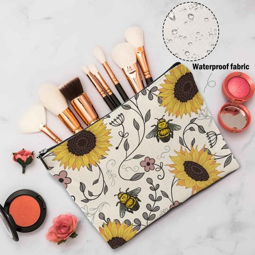 XFN Sunflowers Bee Makeup Bag, Bee Gifts Bee Themed Gifts Cosmetic Bag Travel Pouch, Sunflower Gifts for Women Girls Daughter Sisters Coworker Friends Niece Friendship Graduation Birthday Gifts