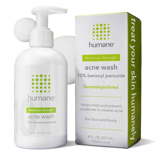 humane Benzoyl Peroxide Acne Body Wash - 10% Maximum-Strength Face, Skin, Butt, and Back Acne Treatment - 8 Fl Oz - Dermatologist-Tested Non-Foaming Acne Face Wash Cleanser - Vegan, Cruelty-Free