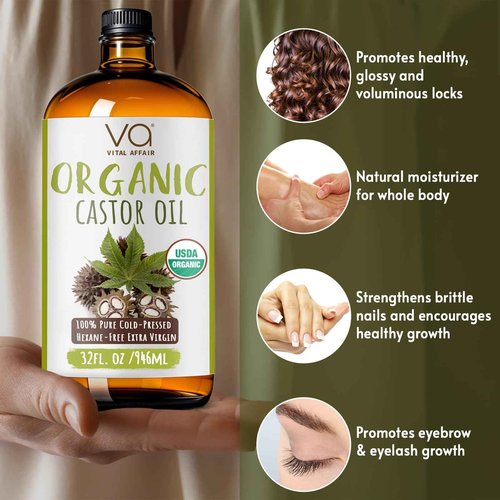 Pure Organic Castor Oil 32oz – Cold Pressed, Unrefined, USDA Organic – Glass Bottle for Hair Growth, Eyelashes, Eyebrows, Face & Castor Oil Packs