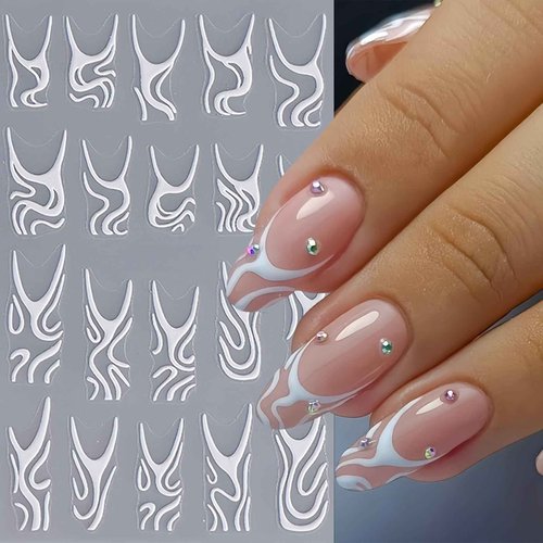4Pcs White Swirls Lines Nail Stickers 5D Micro-Embossed Fantasy Wave Nail Art Stickers Abstract Lines Nail Decals Simple Design for Women Girls Daily Manicure French Embossed Engraved Nail Decorations
