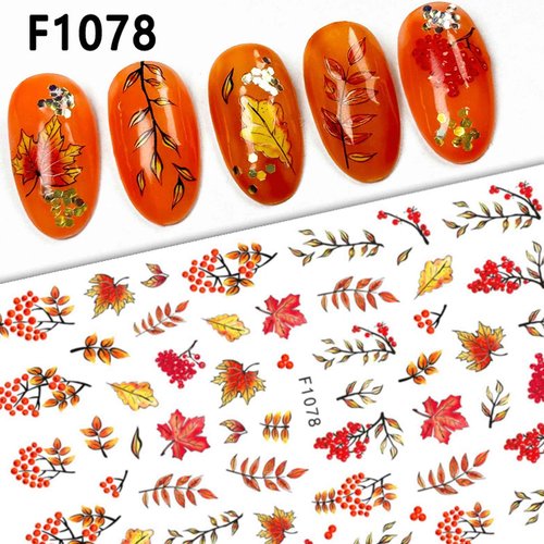 Fall Maple Leaf Nail Stickers - 3D Self-Adhesive Autumn Nail Art Decals with Squirrel & Pumpkin Designs, Thanksgiving/Halloween Nail Supplies for Women Girls, 4PCS DIY Manicure Stickers