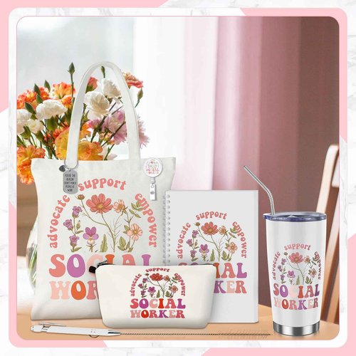 Jiytivity 7 Pcs Social Worker Gifts Set for Women Include Canvas Bag Cosmetic Bag 20 oz Thermos Cup Keychain Badge Holder Notebook Pen for Volunteers School Social Worker Gift