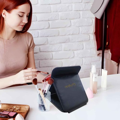 SYHITOU Foldable Travel Makeup Mirror, Adjustable Angle Portable Standing Vanity Mirror, Compact PU Leather Design for Home/Camping/Desktop Use,Classic Black (8.4"x6")
