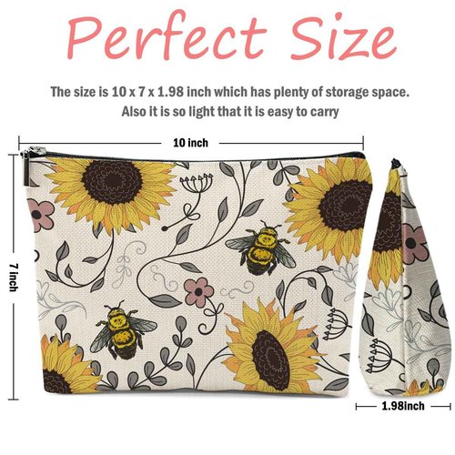 XFN Sunflowers Bee Makeup Bag, Bee Gifts Bee Themed Gifts Cosmetic Bag Travel Pouch, Sunflower Gifts for Women Girls Daughter Sisters Coworker Friends Niece Friendship Graduation Birthday Gifts