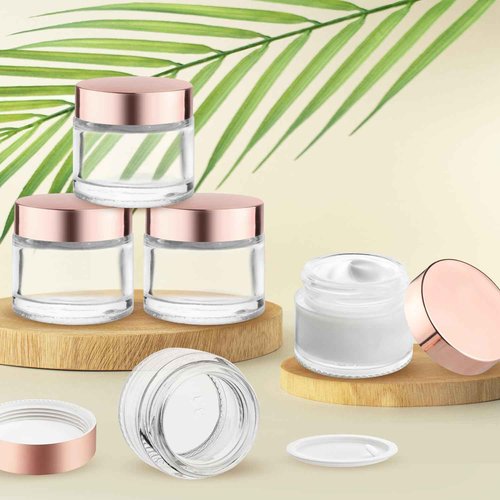 12 Pcs 60g/2oz Glass Cosmetic Jars Refillable Cream Bottle Containers Empty Sample Vials Jar with Rose Gold Lid for Eye Cream Lotion Ointments Lip Balm Scrub - Clear
