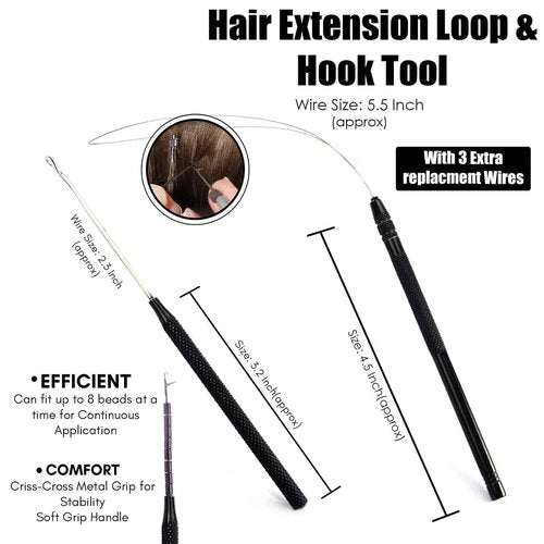 My Hair Tools Hair Extension Tools Kit Includes Micro Beads Remover & Crimping Pliers set, Stainless Steel Micro Rings Pulling Hook & Loop Tool Packed in Soft Case (Black with Rubber Grip)