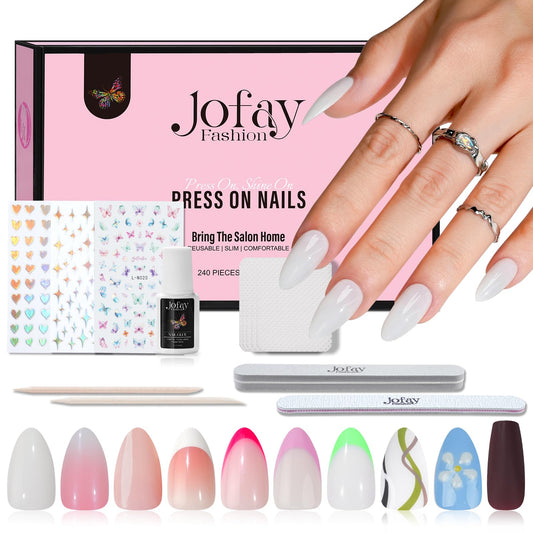 10 Packs (240 Pcs) False Nail Tips-Jofay Fashion Short Square Fake Nails French Tip Press on Nails Glue On Nails with Design Gel Nail Polish Set Artificial Nails Kit for Women