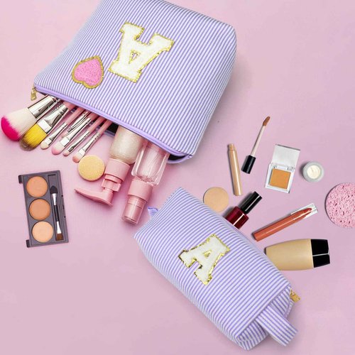 Personalized Initial Makeup Bag Gifts Preppy Cosmetic Bag Trendy Toiletry Travel Bag For Teen Girls Kids Women Letter Makeup Pouch Purse Holiday Gifts Birthday Christmas Gifts 2pack (A, Purple)
